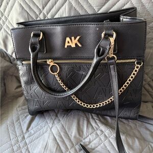 Anne Klein Black Embossed AK Tote with Gold Chain Accents